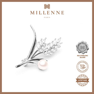MILLENNE Made For The Night Freshwater Pearl Flower Cubic Zirconia Silver Brooch with 925 Sterling Silver