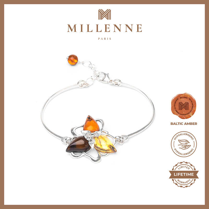 MILLENNE Multifaceted Baltic Amber Triangle Composition Silver Bracelet with 925 Sterling Silver