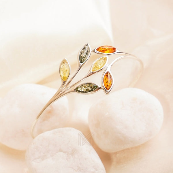 MILLENNE Multifaceted Baltic Amber Branching Leaves Silver Adjustable Bracelet with 925 Sterling Silver