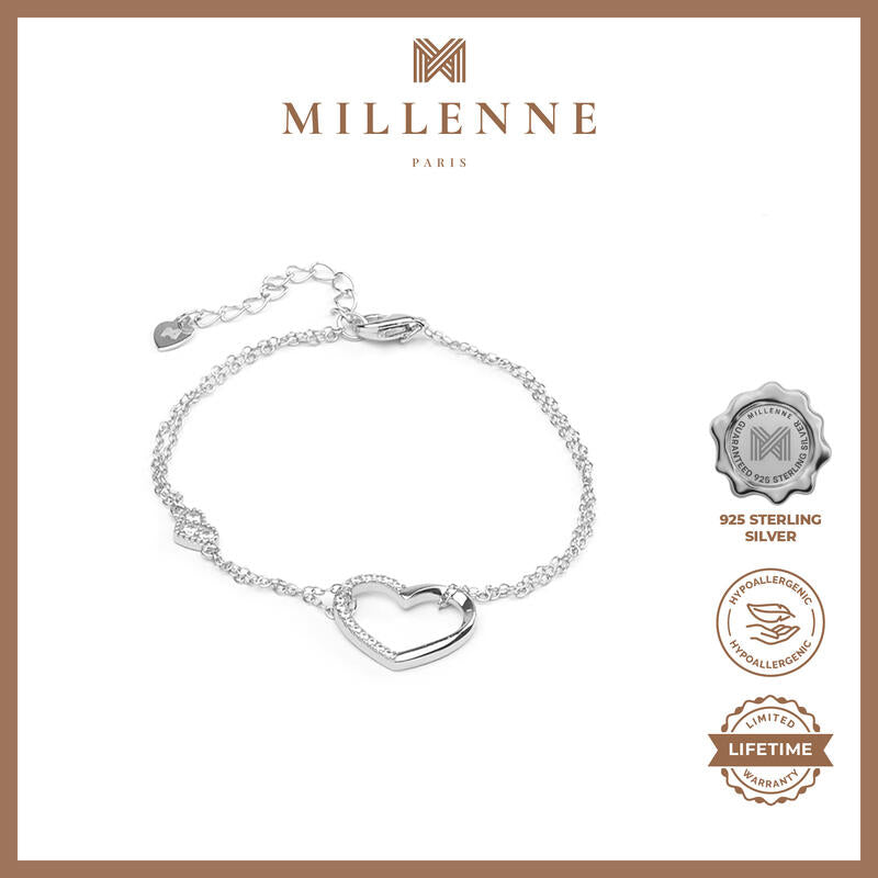 MILLENNE Millennia 2000 Embellished Heart Cubic Zirconia Rhodium Bracelet with 925 Sterling Silver
