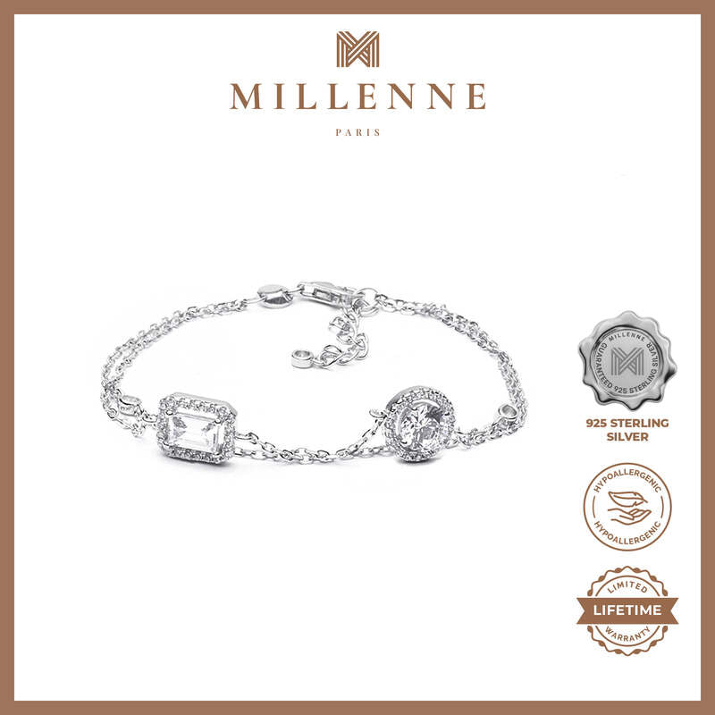 MILLENNE Made For The Night Round and Emerald Shape Cubic Zirconia Silver Bracelet with 925 Sterling Silver