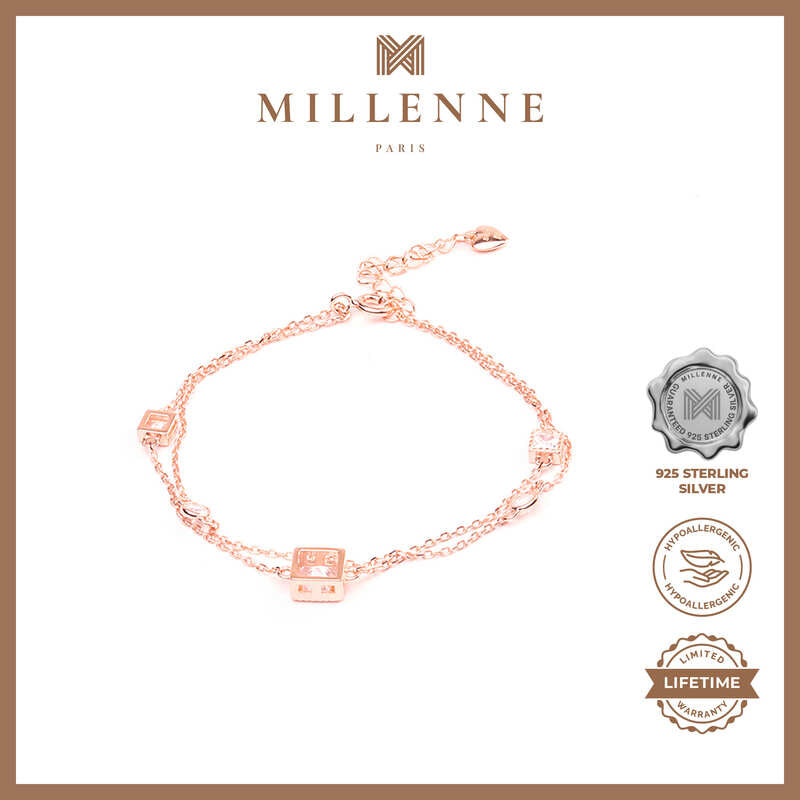 MILLENNE Made For The Night Embellished Geometric Charms Cubic Zirconia Rose Gold Bracelet with 925 Sterling Silver