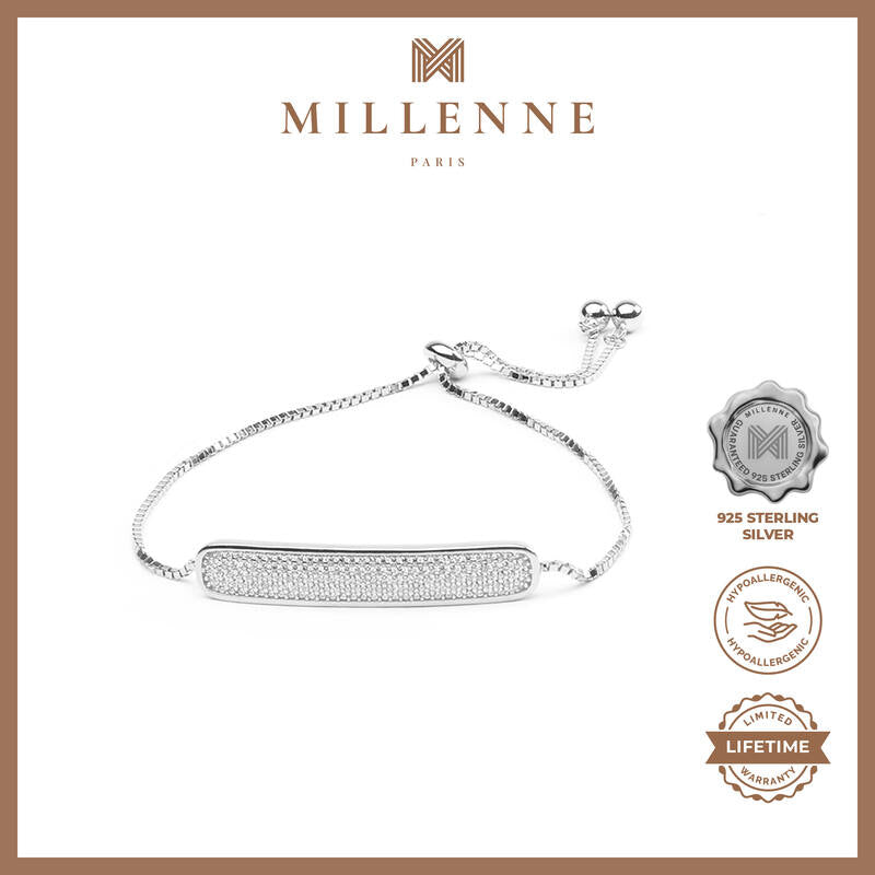 MILLENNE Made For The Night Bold Studded Drawstring Cubic Zirconia Rhodium Bracelet with 925 Sterling Silver