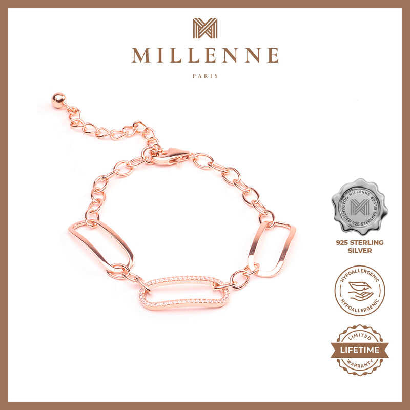 MILLENNE Made For The Night Rectangle Chain Loop Cubic Zirconia Rose Gold Bracelet with 925 Sterling Silver