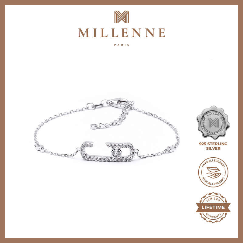 MILLENNE Millennia 2000 Open Oval Studded Cubic Zirconia White Gold Bracelet with 925 Sterling Silver