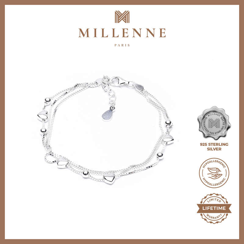MILLENNE Millennia 2000 Hearts and Beads Double String White Gold Bracelet with 925 Sterling Silver