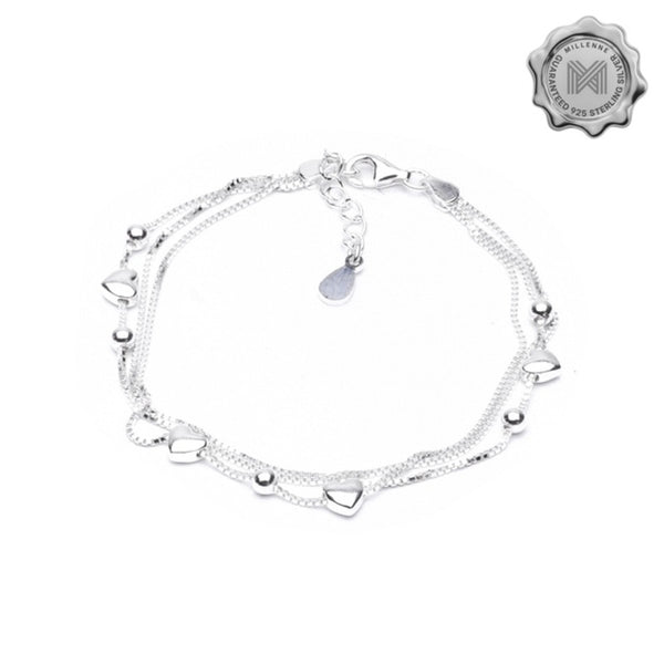 MILLENNE Millennia 2000 Hearts and Beads Double String White Gold Bracelet with 925 Sterling Silver