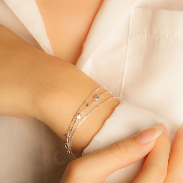MILLENNE Millennia 2000 Hearts and Beads Double String White Gold Bracelet with 925 Sterling Silver