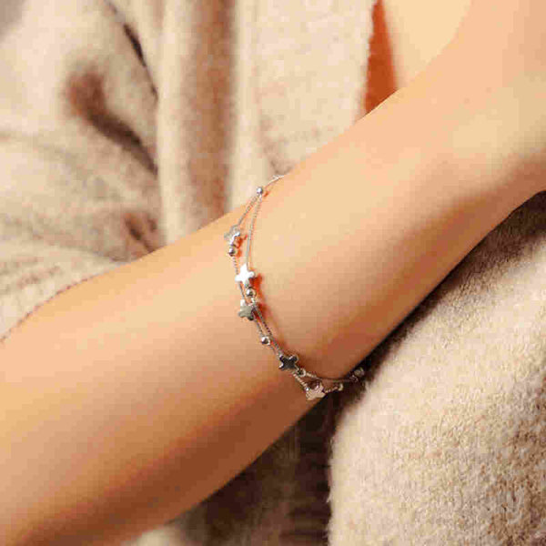 MILLENNE Millennia 2000 Clovers and Beads Double String White Gold Bracelet with 925 Sterling Silver