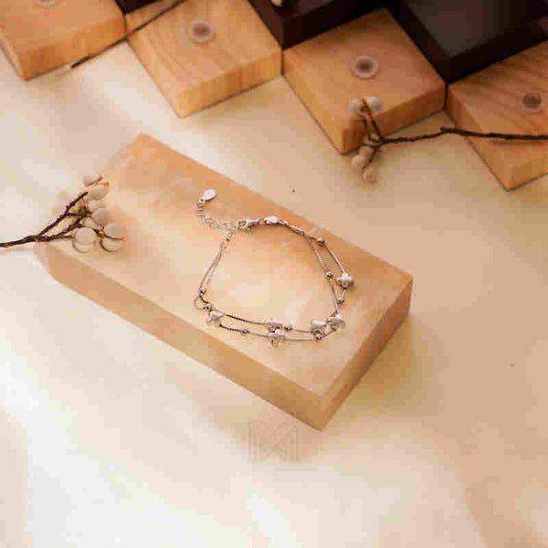 MILLENNE Millennia 2000 Clovers and Beads Double String White Gold Bracelet with 925 Sterling Silver