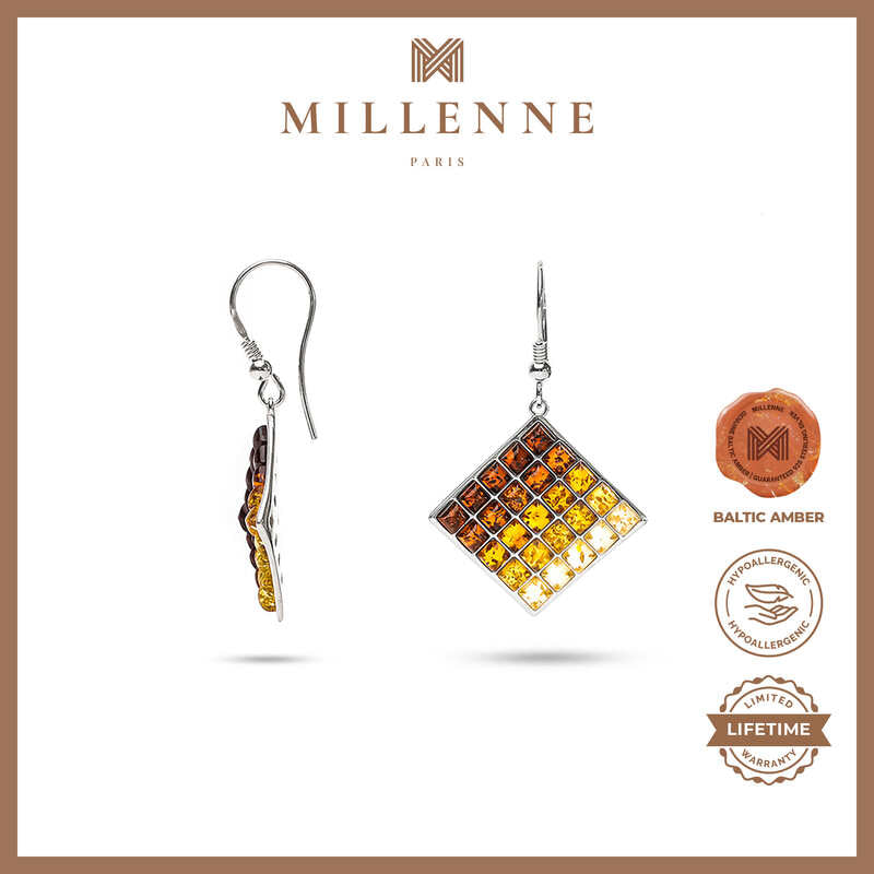 MILLENNE Multifaceted Baltic Amber Square Ombré Silver Hook Earrings with 925 Sterling Silver