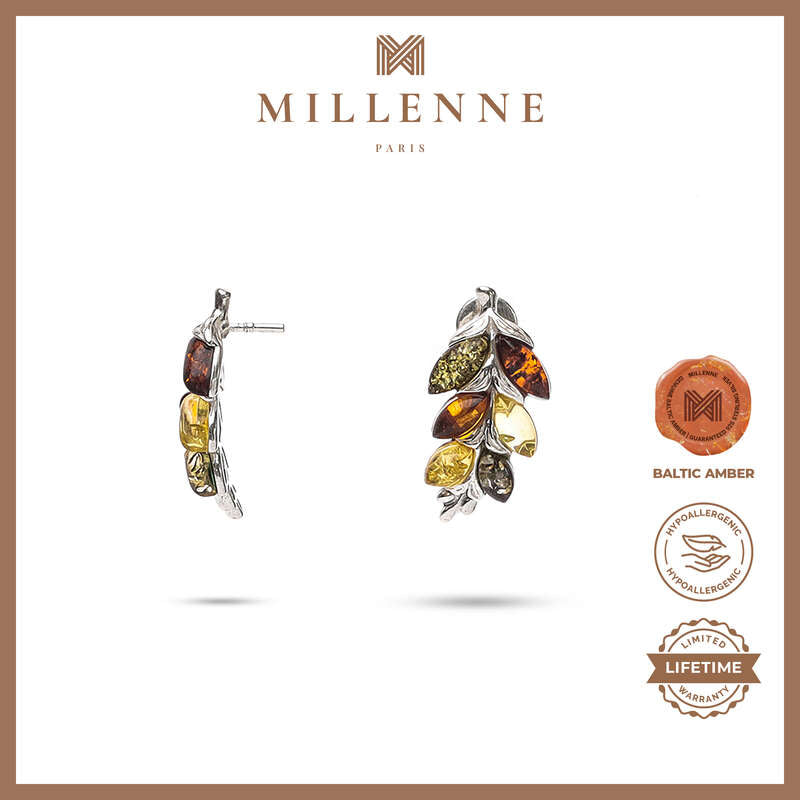 MILLENNE Multifaceted Baltic Amber Graduated Leaf Silver Drop Earrings with 925 Sterling Silver