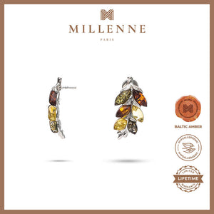 MILLENNE Multifaceted Baltic Amber Graduated Leaf Silver Drop Earrings with 925 Sterling Silver