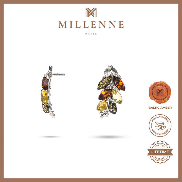 MILLENNE Multifaceted Baltic Amber Graduated Leaf Silver Drop Earrings with 925 Sterling Silver