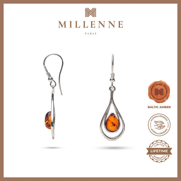 MILLENNE Multifaceted Baltic Amber Nested Drop Silver Hook Earrings with 925 Sterling Silver