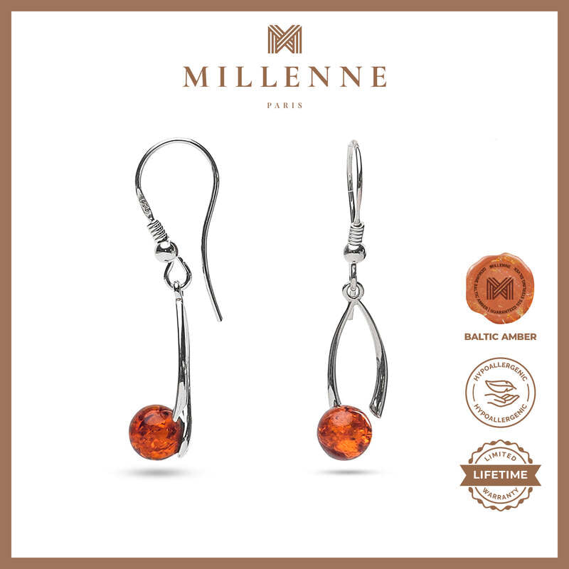 MILLENNE Multifaceted Baltic Amber Spheroid Silver Hook Earrings with 925 Sterling Silver