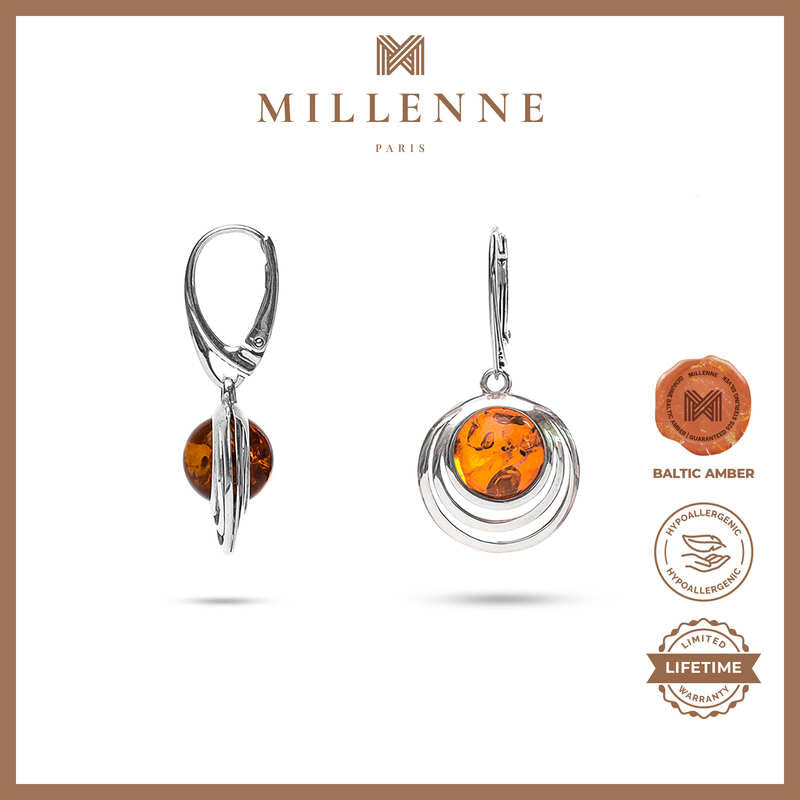 MILLENNE Multifaceted Baltic Amber Srtipe Caged Silver Earrings with 925 Sterling Silver