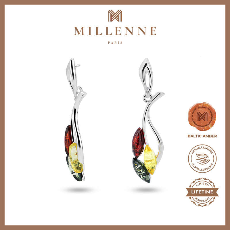 MILLENNE Multifaceted Baltic Amber Leaves of Fall Silver Earrings with 925 Sterling Silver