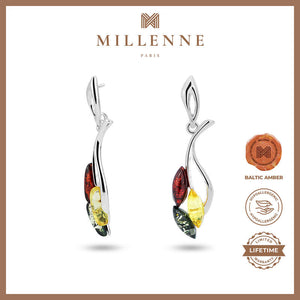 MILLENNE Multifaceted Baltic Amber Leaves of Fall Silver Earrings with 925 Sterling Silver