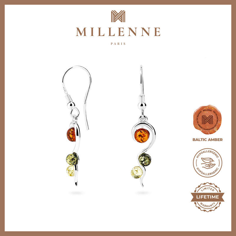 MILLENNE Multifaceted Baltic Amber Tristone Silver Earrings with 925 Sterling Silver