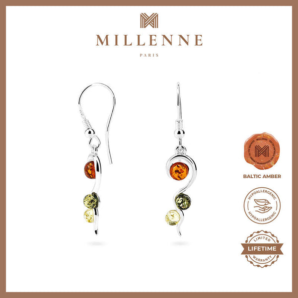 MILLENNE Multifaceted Baltic Amber Tristone Silver Earrings with 925 Sterling Silver