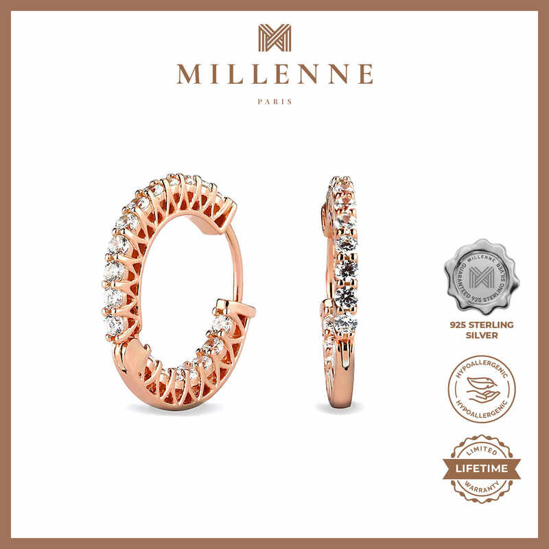 MILLENNE Made For The Night Flat Sun Cubic Zirconia Rose Gold Hoop Earrings with 925 Sterling Silver