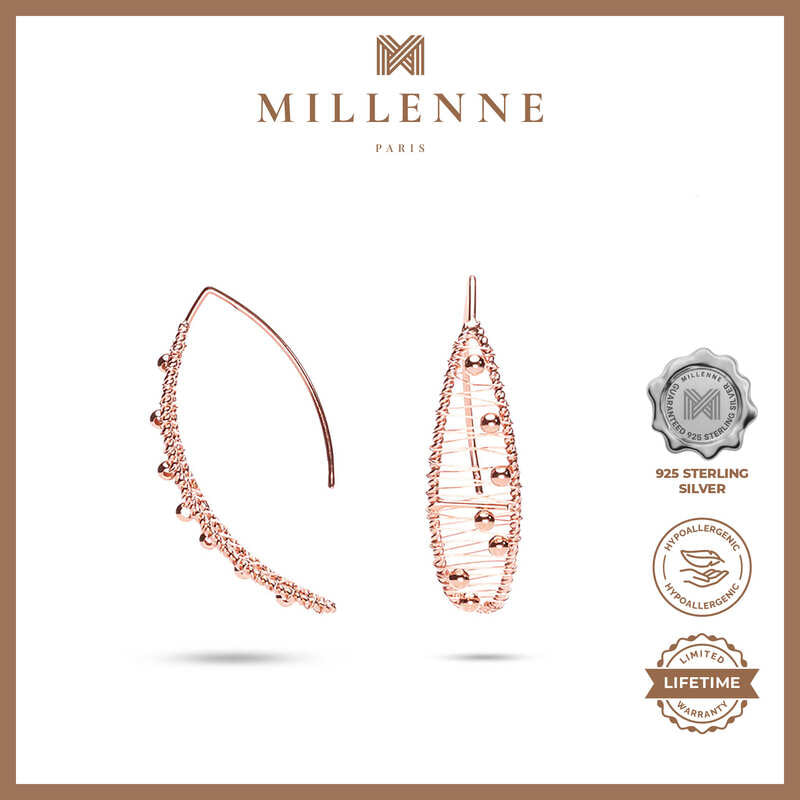 MILLENNE Millennia 2000 Handmade Interlace Beaded Drop Rose Gold Threader Earrings with 925 Sterling Silver