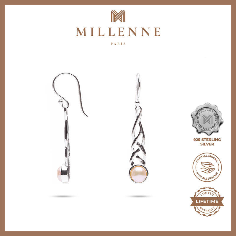 MILLENNE Millennia 2000 Freshwater Pearls Celtic Hook Silver Dangle Earrings with 925 Sterling Silver