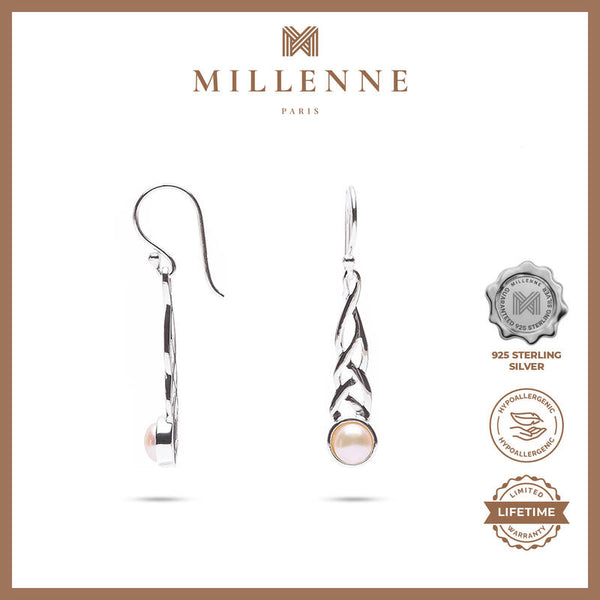 MILLENNE Millennia 2000 Freshwater Pearls Celtic Hook Silver Dangle Earrings with 925 Sterling Silver