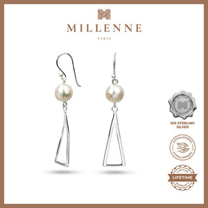 MILLENNE Millennia 2000 Freshwater Pearls Triangle Hook and Beaded Silver Dangle Earrings with 925 Sterling Silver