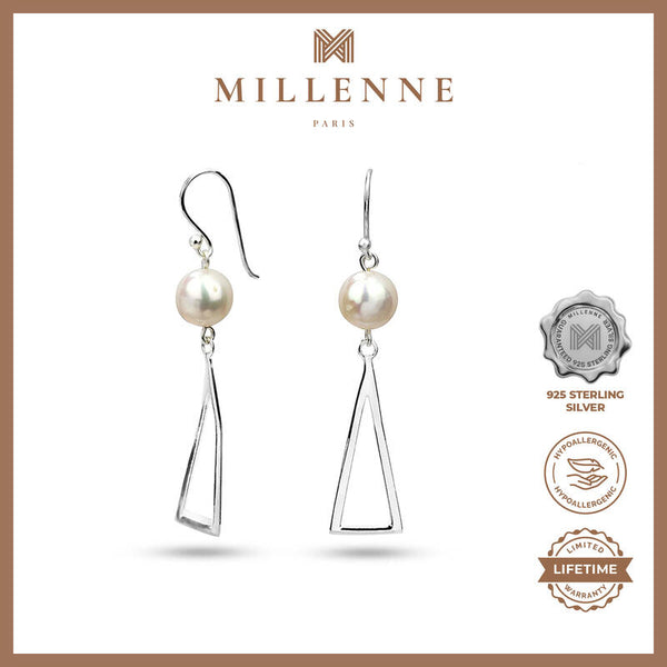 MILLENNE Millennia 2000 Freshwater Pearls Triangle Hook and Beaded Silver Dangle Earrings with 925 Sterling Silver