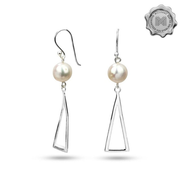 MILLENNE Millennia 2000 Freshwater Pearls Triangle Hook and Beaded Silver Dangle Earrings with 925 Sterling Silver