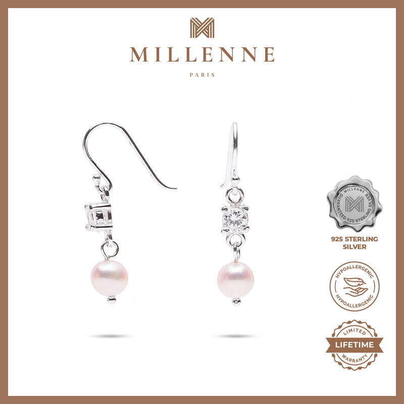 MILLENNE Made For The Night Freshwater Pearls and Studded Cubic Zirconia Silver Dangle Earrings with 925 Sterling Silver