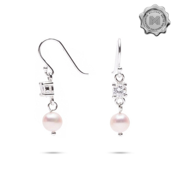 MILLENNE Made For The Night Freshwater Pearls and Studded Cubic Zirconia Silver Dangle Earrings with 925 Sterling Silver