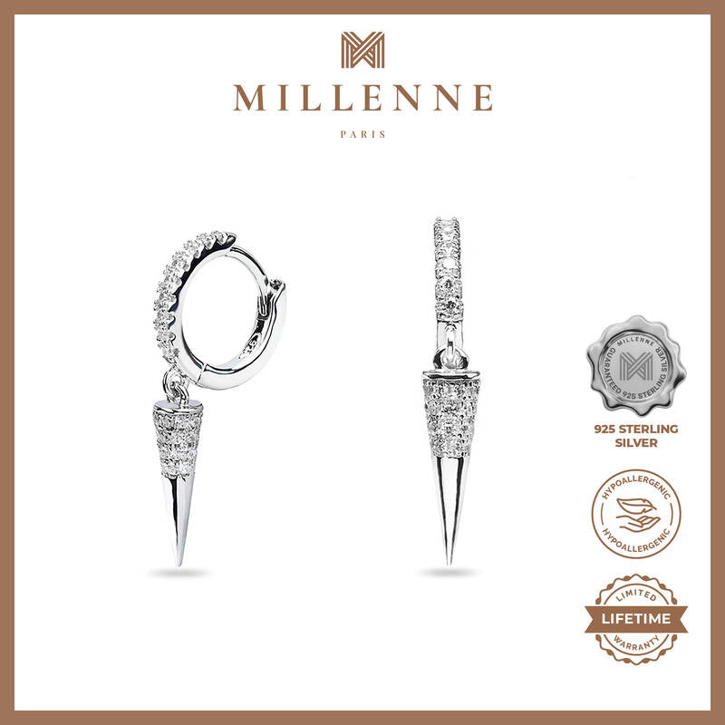 MILLENNE Made For The Night Spike Cubic Zirconia Silver Hoop Earrings with 925 Sterling Silver