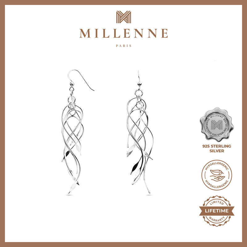 MILLENNE Millennia 2000 Ribbon Bunch Hook Silver Dangle Earrings with 925 Sterling Silver