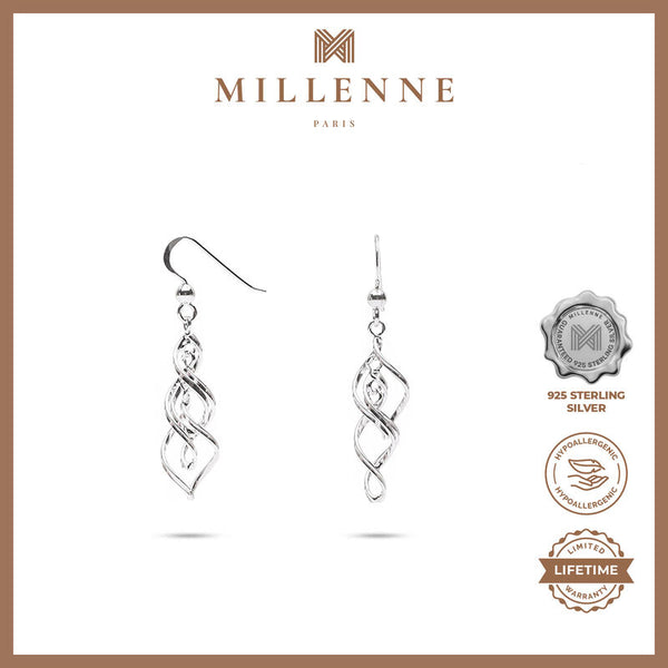 MILLENNE Millennia 2000 Twisty Hook Silver Dangle Earrings with 925 Sterling Silver