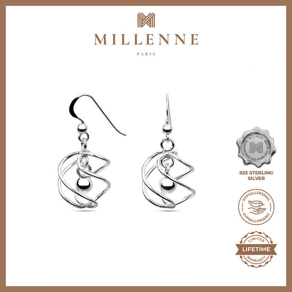 MILLENNE Millennia 2000 Intertwined Ball Hook Silver Dangle Earrings with 925 Sterling Silver