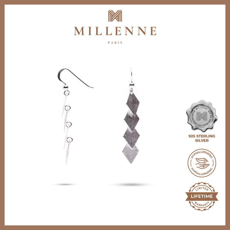 MILLENNE Millennia 2000 Matt Rhombus Hook Silver Dangle Earrings with 925 Sterling Silver
