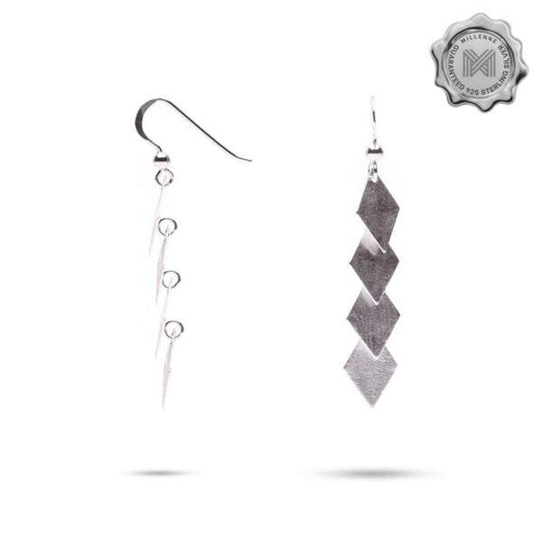 MILLENNE Millennia 2000 Matt Rhombus Hook Silver Dangle Earrings with 925 Sterling Silver