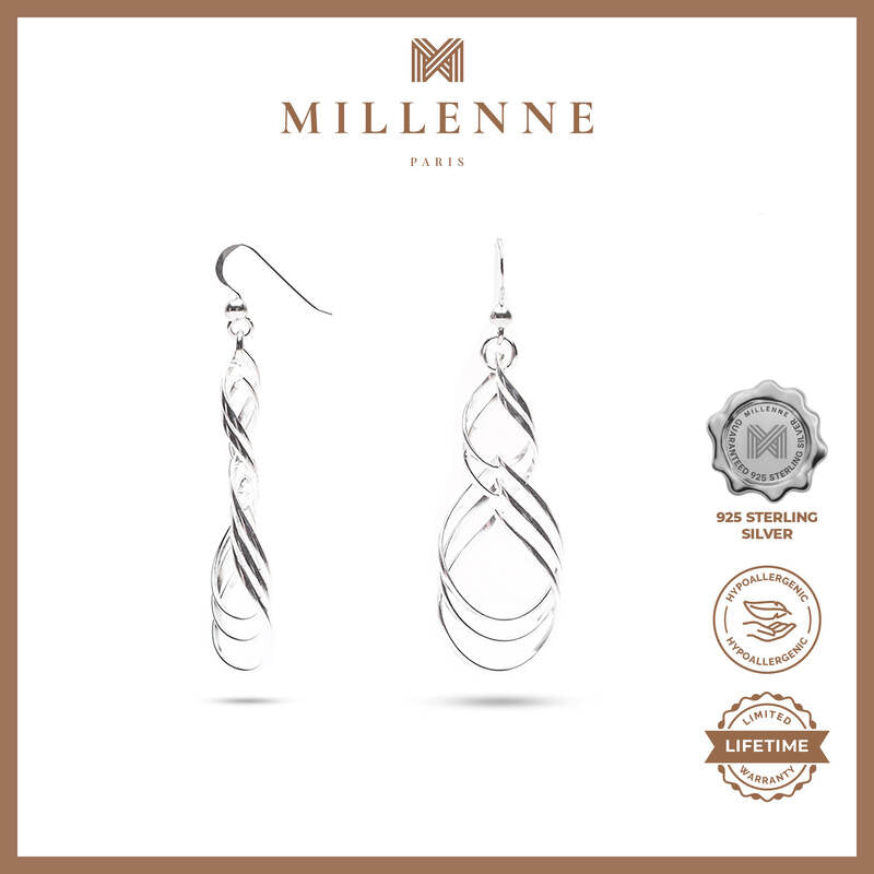 MILLENNE Millennia 2000 Interlock Droplet Hook Silver Dangle Earrings with 925 Sterling Silver