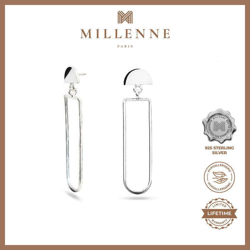 MILLENNE Minimal Wire Elongated Arch Silver Drop Earrings with 925 Sterling Silver