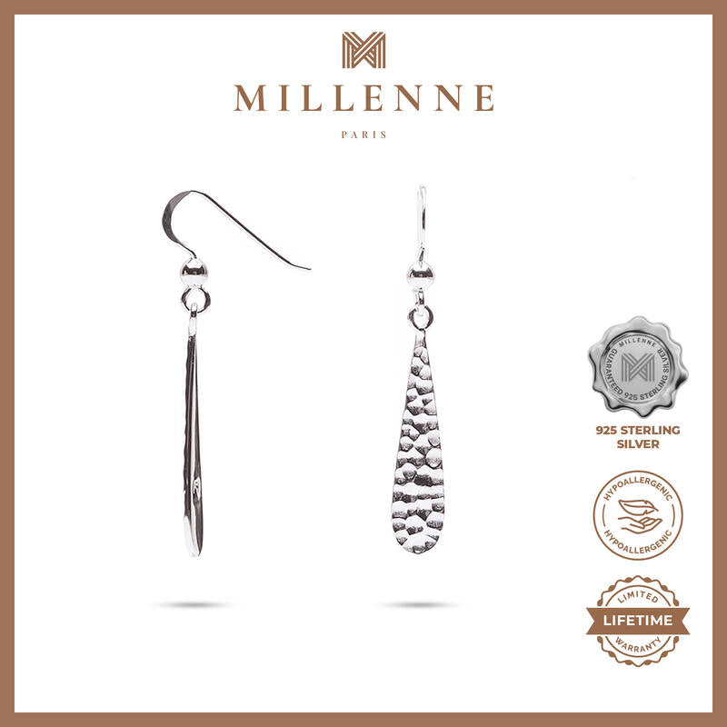 MILLENNE Minimal Textured Teardrop Silver Hook Earrings with 925 Sterling Silver