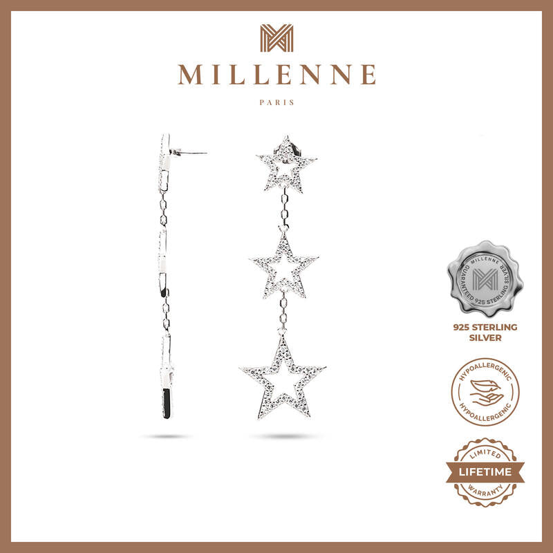 MILLENNE Made For the Night Graduated Star Dangler Cubic Zirconia White Gold Drop Earrings with 925 Sterling Silver