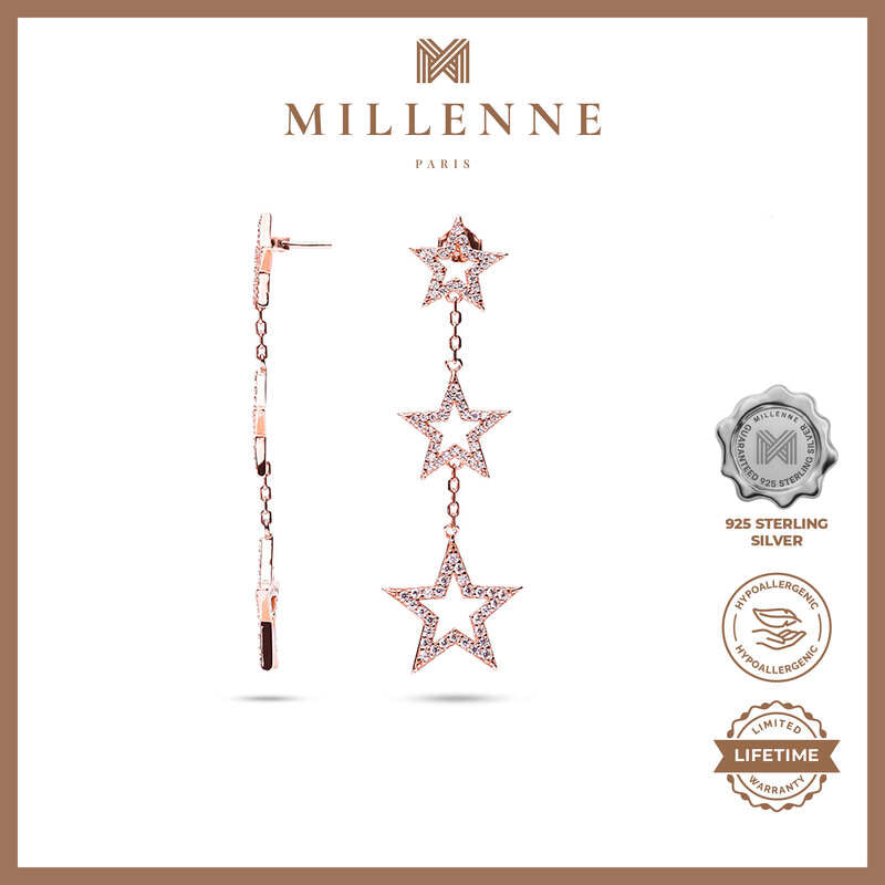 MILLENNE Made For the Night Graduated Star Dangler Cubic Zirconia Rose Gold Drop Earrings with 925 Sterling Silver