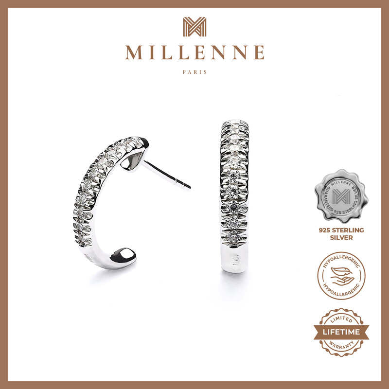 MILLENNE Made For The Night Mini Studded Half Cubic Zirconia White Gold Hoop Earrings with 925 Sterling Silver
