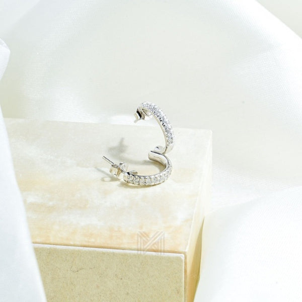 MILLENNE Made For The Night Mini Studded Half Cubic Zirconia White Gold Hoop Earrings with 925 Sterling Silver
