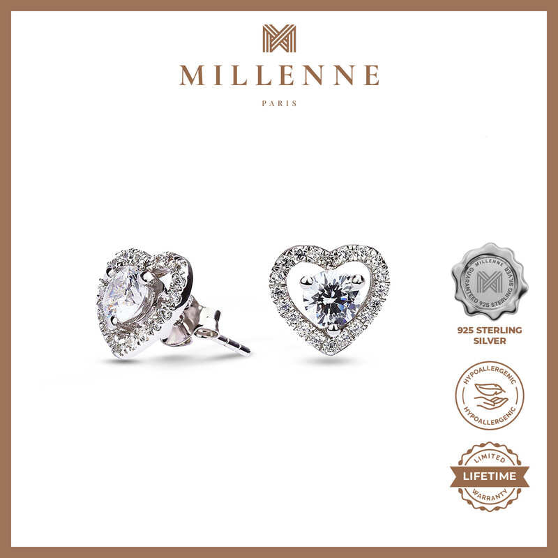 MILLENNE Made For The Night Heart Studded Cubic Zirconia White Gold Stud Earrings with 925 Sterling Silver