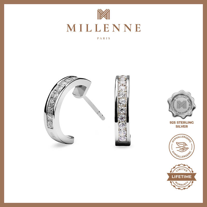 MILLENNE Made For The Night Mini Bezzeled Half Cubic Zirconia White Gold Hoop Earrings with 925 Sterling Silver