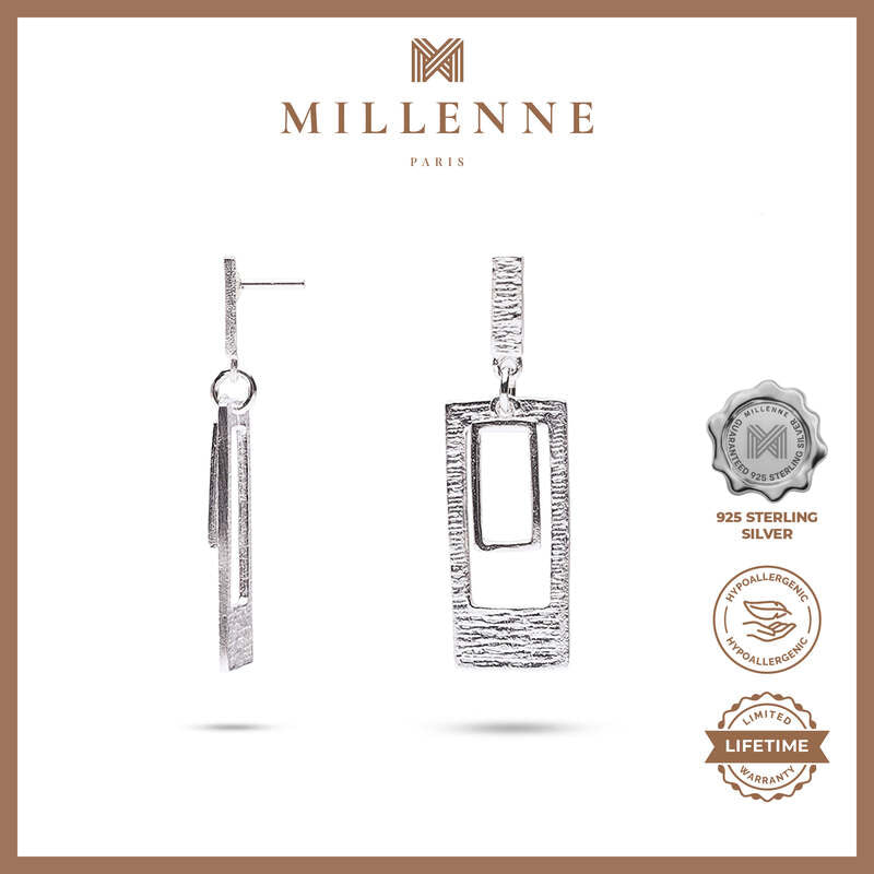 MILLENNE Millennia 2000 Double Rectangular White Gold Stud Earrings with 925 Sterling Silver